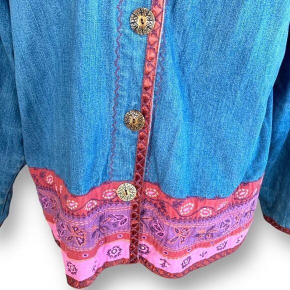 Vintage 90s Denim Jacket Pink Trim Medium Wash Floral Printed Shacket Large - Picture 6 of 15